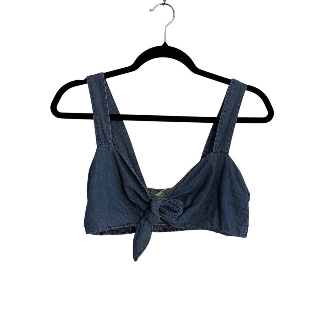 Bershka Denim Women S Blue Cotton Linen Y2K Festival Tie Front Crop Tank Top